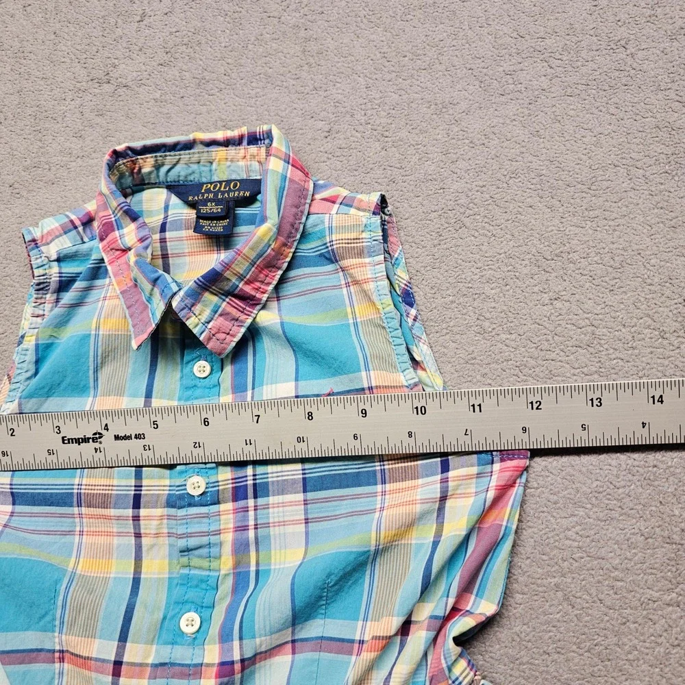 Polo Ralph Lauren Plaid Dress Girls 6X Blue Pink Madras Sleeveless Fit Flare